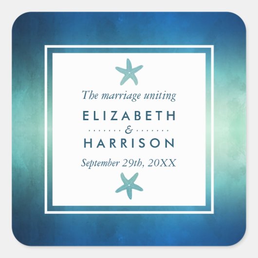 水彩海ヒトデビーチ結婚式のお気に入り スクエアシール (正面)