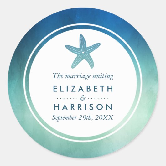 水彩海ヒトデビーチ結婚式有難う ラウンドシール (正面)