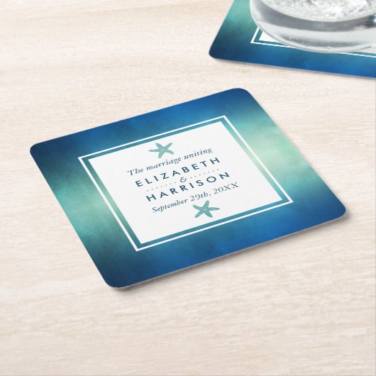 水彩海ヒトデビーチ結婚式 スクエアペーパーコースター (アングル)