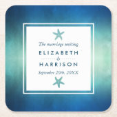 水彩海ヒトデビーチ結婚式 スクエアペーパーコースター (正面)