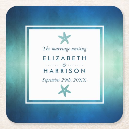 水彩海ヒトデビーチ結婚式 スクエアペーパーコースター (正面)
