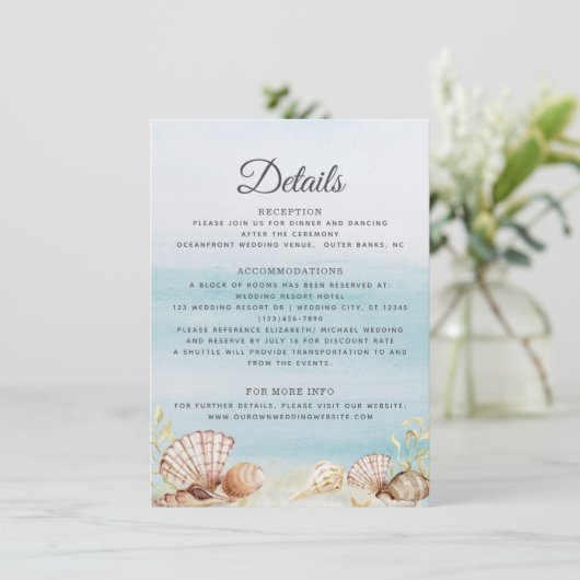 水彩海ビーチシェル結婚の詳細 エンクロージャーカード (スタンド正面)