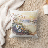 水彩海ビーチ（花あり） クッション (ブランケット)