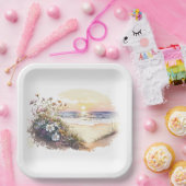 水彩海ビーチ（花あり） ペーパープレート (パーティー)