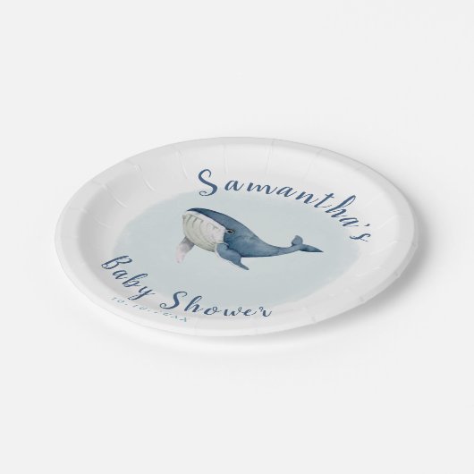 水彩海ブルーホエールキュート少年の赤ちゃんシャワー ペーパープレート (アングル)