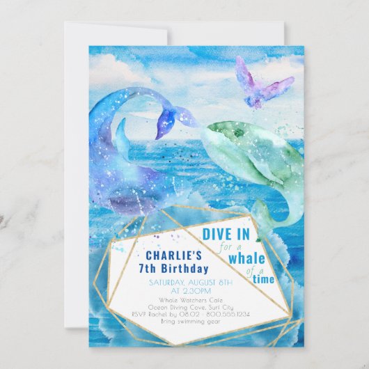 水彩海ホエールエイジ誕生日 招待状 (正面)