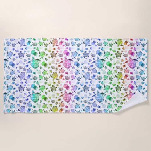 水彩海ライフ – レインボーカラー ビーチタオル (正面)