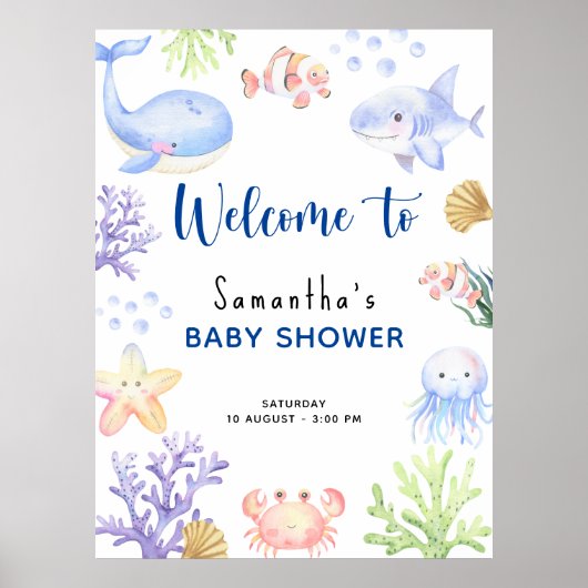 水彩海動物の赤ちゃんシャワー歓迎 ポスター (正面)
