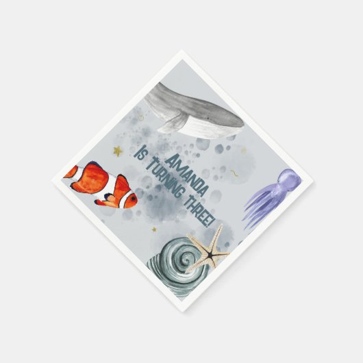 水彩海動物子供の誕生日パーティー青 スタンダードカクテルナプキン (角)