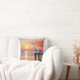 水彩海岸日の出と緑 クッション