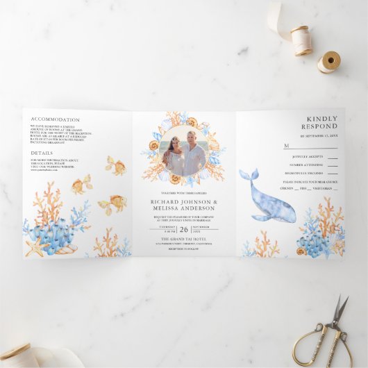 水彩海底海洋テーマのウェディング 三つ折り招待状 (内部)