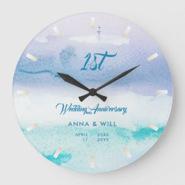水彩海波モダン結婚の記念日 ラージ壁時計