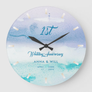 水彩海波モダン結婚の記念日 ラージ壁時計