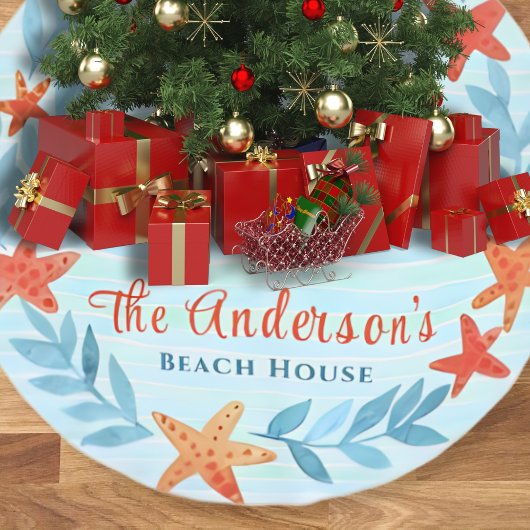 水彩海波星魚沿岸クリスマス ブラッシュドポリエステルツリースカート