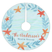 水彩海波星魚沿岸クリスマス ブラッシュドポリエステルツリースカート (正面)