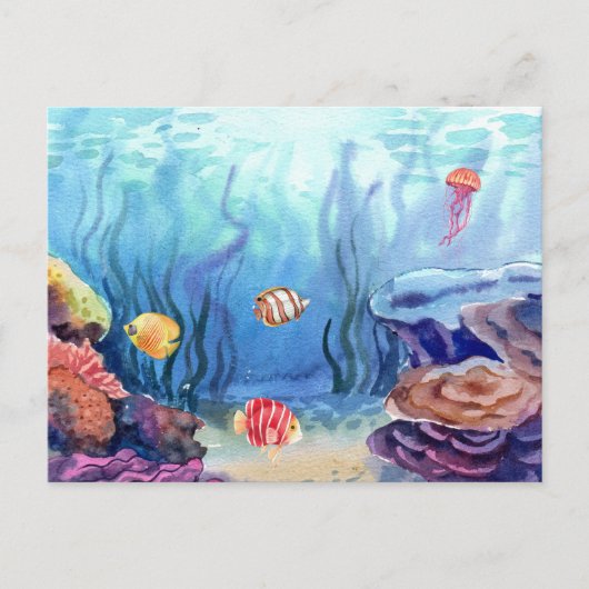 水彩海洋海生きたサンゴと魚 ポストカード (正面)