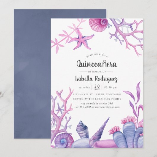 水彩海洋生物のキンセアニエラ 招待状 (正面/裏面)