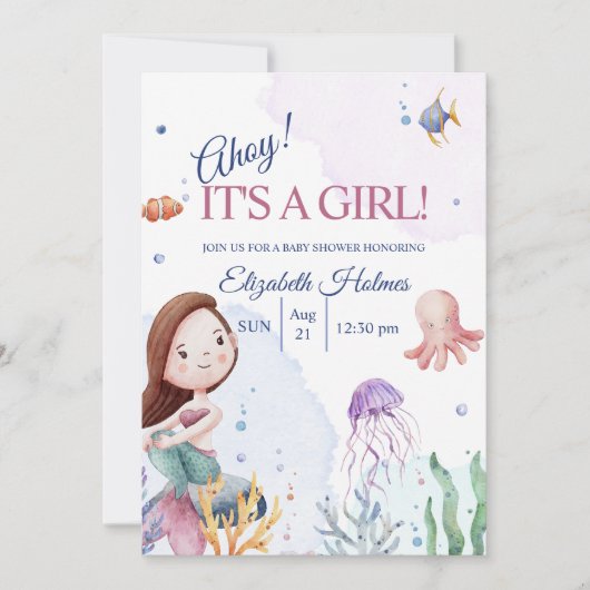 水彩海洋生物マーメイドベビーシャワー 招待状 (正面)