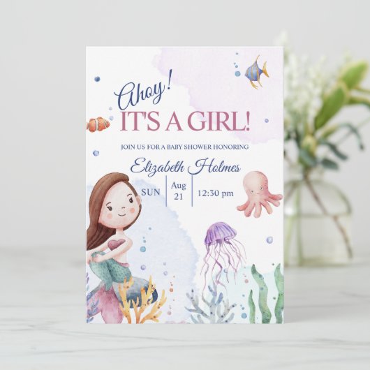 水彩海洋生物マーメイドベビーシャワー 招待状 (スタンド正面)