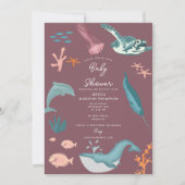 水彩海海獣ピンク赤ちゃんシャワー 招待状 (正面)