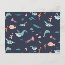 水彩海海獣ブルーパターン シーズンポストカード