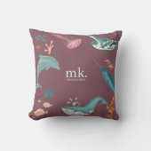 水彩海海獣モノグラムほこりっぽいピンク クッション (正面)