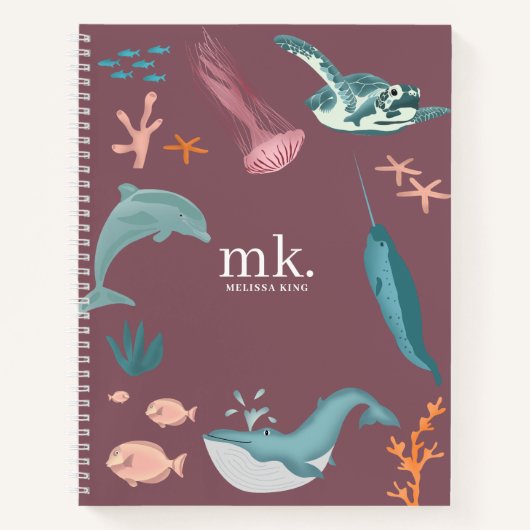 水彩海海獣モノグラム赤面ピンク ノートブック (正面)