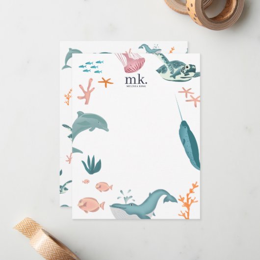 水彩海海獣モノグラム ノートカード (正面/裏面インサイチュ)