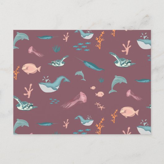 水彩海海獣赤面ピンクパターン シーズンポストカード (正面)