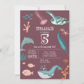 水彩海海獣赤面ピンク誕生日 招待状 (正面)