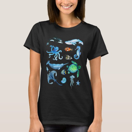 水彩海獣キッズ海野生生物マリーン Tシャツ (正面)