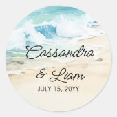 水彩海砂ビーチをテーマ結婚にした ラウンドシール (正面)