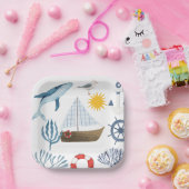 水彩海船、セーラーホエールシーベビーシャワー ペーパープレート (パーティー)