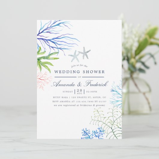 水彩海藻ビーチをテーマにしたウェディングシャワー 招待状 (スタンド正面)