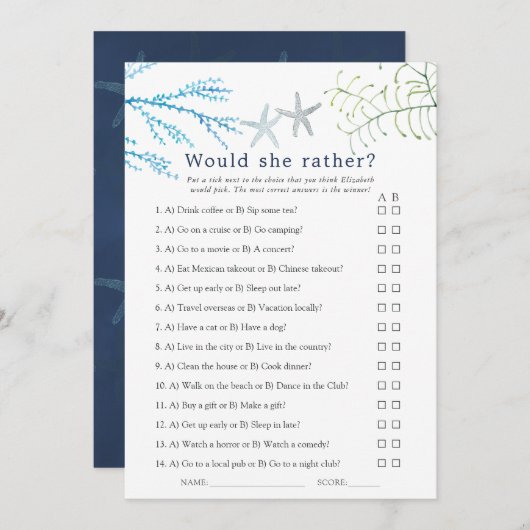 水彩海藻ビーチをテーマにしたブライダルゲーム (正面/裏面)