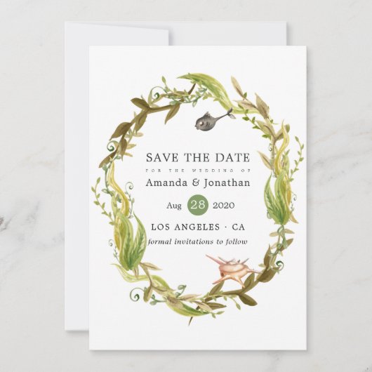 水彩海藻ビーチ結婚テーマ セーブザデート (正面)