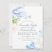 水彩海藻ビーチ結婚テーマ 招待状 (正面)