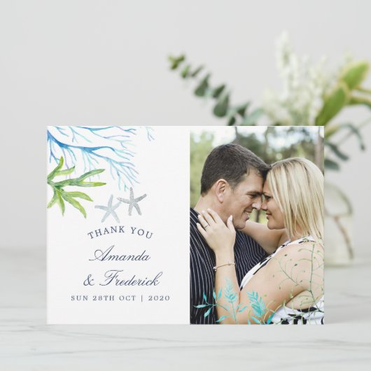 水彩海藻ビーチ結婚式ありがとう サンキューカード (スタンド正面)