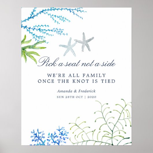 水彩海藻ビーチ結婚式席 ポスター (正面)