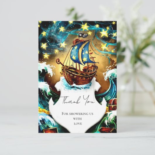 水彩海賊航海の赤ちゃんシャワー サンキューカード (スタンド正面)