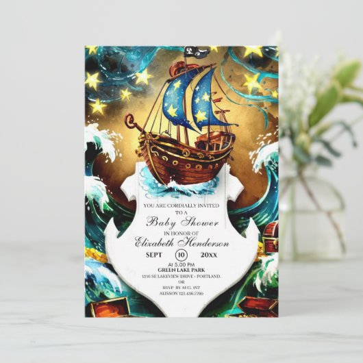 水彩海賊航海の赤ちゃんシャワー 招待状 (スタンド正面)