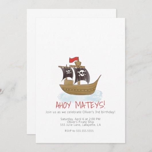 水彩海賊船誕生日招待状 招待状 (正面/裏面)