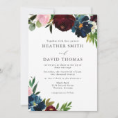 水彩海軍とブルゴーニュの花結婚の花 招待状 (正面)