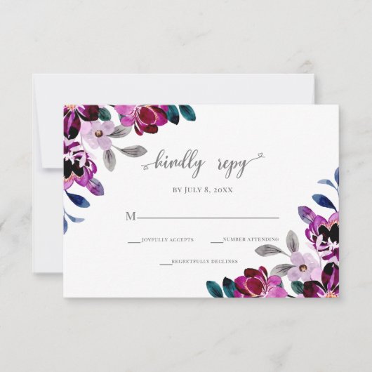 水彩海軍と紫のフローラ結婚ズ 出欠カード (正面)