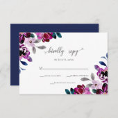 水彩海軍と紫のフローラ結婚ズ 出欠カード (正面/裏面)