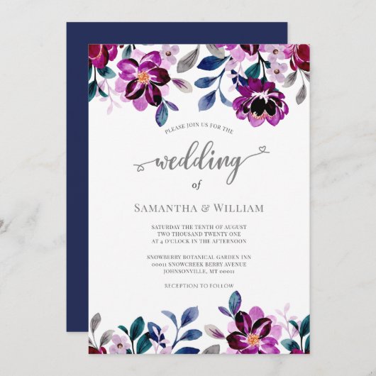 水彩海軍と紫のフローラ結婚ズ 招待状 (正面/裏面)