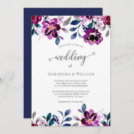 水彩海軍と紫のフローラ結婚ズ 招待状