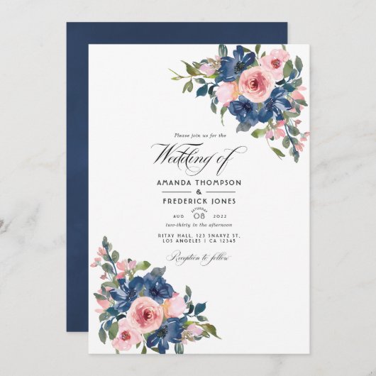 水彩海軍と赤面フローラ結婚の写真 招待状 (正面/裏面)