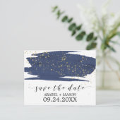 水彩海軍と金ゴールド結婚式の日付を保存 案内ポストカード (スタンド正面)