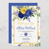 水彩海軍と黄色がかった金ゴールド結婚フローラ 招待状 (正面/裏面)